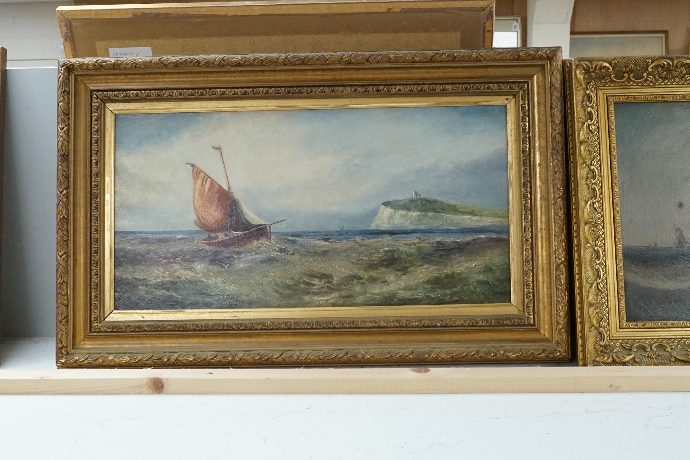 After William Henry Williamson (1820-1883), two oils on canvas, Fishing boats at sea, indistinctly signed, 24 x 44.5cm and 22 x 44.5cm, frames differ